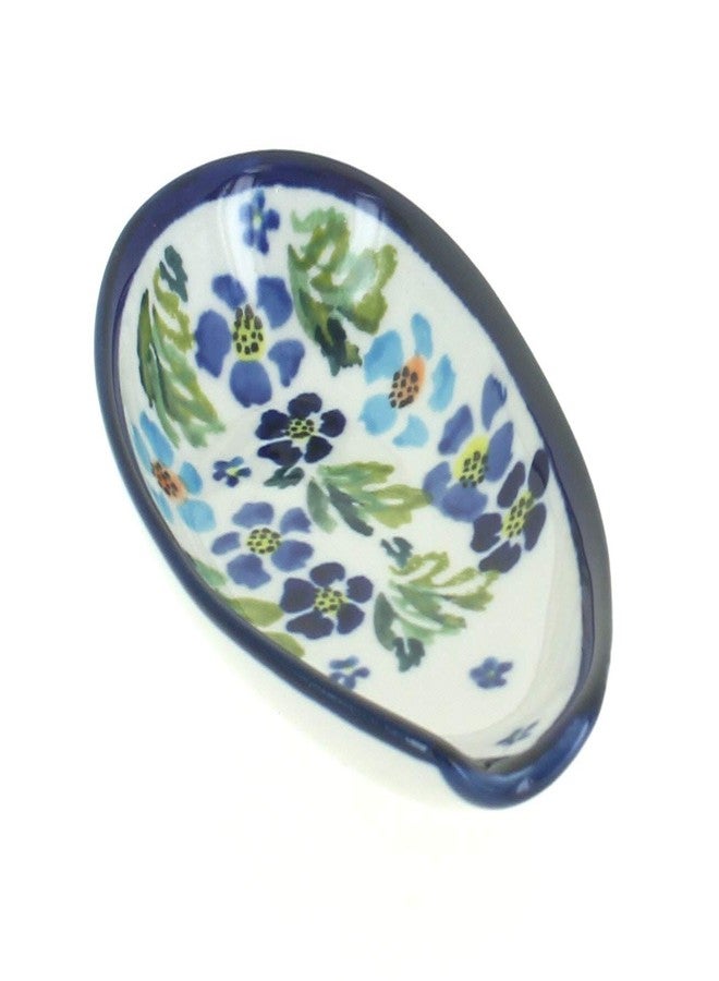 Blue Rose Pottery Blue Rose Polish Pottery - Blue Vintage Violet Small Spoon Rest - 5.25" x 3.2" - Heat-Resistant Decorative Spoon Holder for Cooking - Image 1